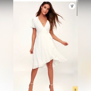 Lulu’s Rise to the Occasion White Midi Wrap Dress